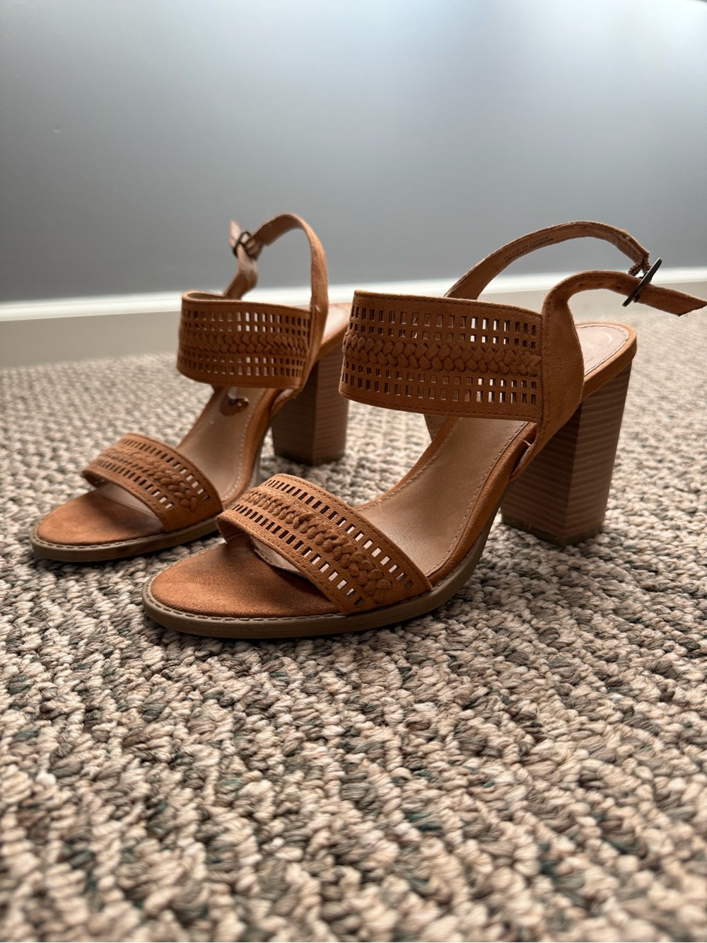 Report Cognac Suede Block Heel Sandals with Perforated Straps